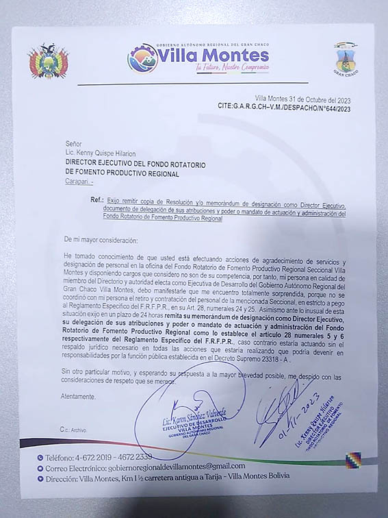 “Supuestos” nuevos funcionarios del Fondo Rotatorio intentaron desalojar personal y obtener documentación en Villa Montes